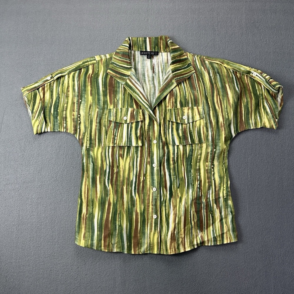 Lafayette 148 Shirt Women 8 Green Brown Linen Stripe Button Up 3/4 Sleeve Pocket